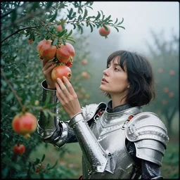 a closeup portrait of a woman wearing diamond armor, picking pomegranates from a tree in an orchard, foggy, moody, photograph, by vincent desiderio, canon eos c 3 0 0, ƒ 1. 8, 3 5 mm, 8 k, medium - format print