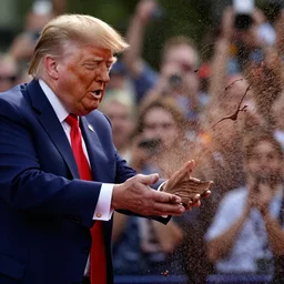 donald j. trump spraying chocolate from his hands, chocolate spray landing on liberals