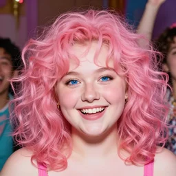 a dslr 8 5 mm professional portrait of a seventeen year old white girl, chubby, round and soft features, freckles, pink undertones, round blue eyes, wild thick pink curls, joyful smile, jubilant, party themed, very joyful and happy vibes, portrait by annie leibowitz