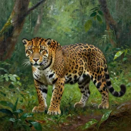 beautiful impressionist painting of a jaguar in the rainforest
