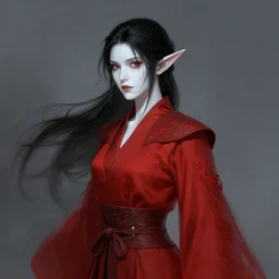 female elf mage, pale white skin, black ponytail hair, red robes, baldur's gate character portrait by larry elmore