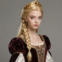 portrait anya taylor-joy, long blond braided hair with golden crown, dark red and white clothes, intricate, elegant, highly detailed, artstation, concept art, smooth, sharp focus, illustration, bouguereau, rutkowski, mucha