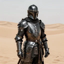 medieval black knight kingsguard lancelot King Arthur  armor with Mandalorian helmet, ornate filigree armor, desert dunes, sunset clouds, sunset halo behind head, hypermaximalist, fantasy character concept, dynamic lighting, blurry, hyperrealism 8k