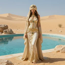 a full body portrait of a beautiful post apocalyptic offworld desert bedouin blind beggar by the pool, intricate, elegant, highly detailed, digital painting, artstation, concept art, smooth, sharp focus, illustration, art by krenz cushart and artem demura and alphonse mucha