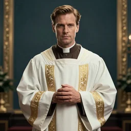 action movie hero wearing dressed in priest's robes. movie poster. 4k.