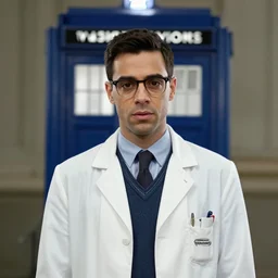 Richard Ayoade as the Doctor, in front of the TARDIS