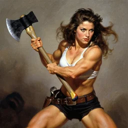action shot of muscled mila kunis wielding a broadaxe, frank frazetta
