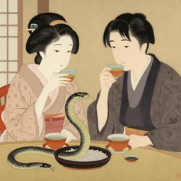 A Japanese husband and his beautiful Japanese wife with a snake crawling around them, drinking tea by Toshio Saeki, high detailed
