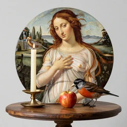 botticelli venus sitting behind a wood circular table with a candle on top and a turdus rufiventris eating a red apple