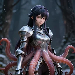 portrait focus of knight beautiful 3D anime girl, octopus armor wearing, dark forest background, snowing, bokeh, inspired by Masami Kurumada, digital painting, high contrast, unreal engine render, volumetric lighting, high détail