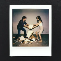 man breaking into pieces while a woman tries to hold the fallen parts, surreal, 1 9 1 0 polaroid photo