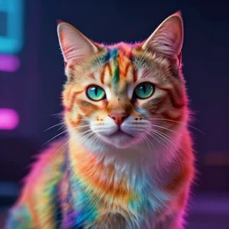 a cat with rainbow fur in the style of cyberpunk 2077, 8k, hd