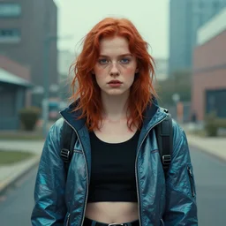 photo of a twenty year old woman in cyberpunk fashion by wes anderson, red hair, freckles