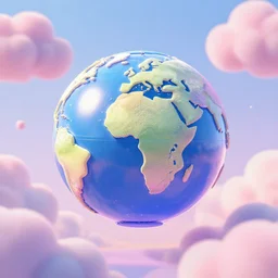 3D octane render of glossy vaporwave globe floating in a pastel puffy cloud sky