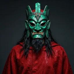 portrait of man, emerald ritual mask of heathen god, red mantle, oil texture, dark, majestic, powerful, dnd artstyle, john howe, greg rutkowski