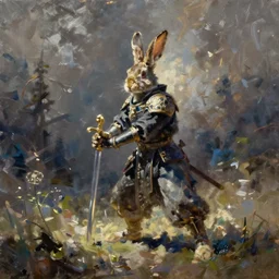 rabbit swordman, brush strokes, oil painting