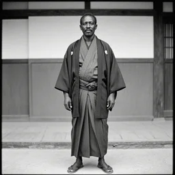 analogue photo of an african chief wearing Japanese Haori & Hakama, african facial features, full body shot, 35mm, f/1.4, black & white, photographed by Martha Cooper,