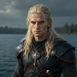 geralt of rivia portrait, dramatic light, lake background, 2 0 0 mm focal length, painted by stanley lau, painted by greg rutkowski, painted by stanley artgerm, digital art, trending on artstation