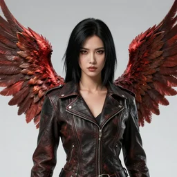 a woman with black hair and a leather jacket with phoenix wings, character portrait, unreal engine 5, intricate, detailed, realistic, masterpiece
