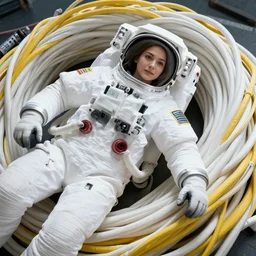 a beautiful female astronaut lying entangled in a massive bundle of thick white and yellow cables, gorgeous, elegant, playful, young woman, an ultrafine hyperdetailed illustration by kim jung gi, irakli nadar, intricate linework, bright colors, octopath traveler, final fantasy, unreal engine 5 highly rendered, global illumination, radiant light, detailed and intricate environment