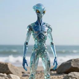 an humanoid alien, blue, tall with yellow eyes wearing a suit made out of opaque glass standing at the shore
