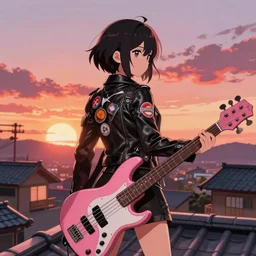 anime girl dressed in a leather jacket with multi - colored badges stands on the roof of a japanese house with a pink bass guitar in her hands against the background of a sunset, rear view, comic