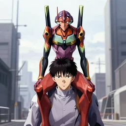 shinji ikari sitting on top of a plague doctors shoulders