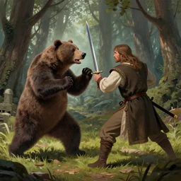 medieval fight between a bear an a gipsy man with a sword. in the sherwood forest. trending on artstation, craig mullins, rutkowski