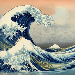 clouds and waves, an aesthetically pleasing, dynamic, energetic, lively, complex, intricate, detailed, well - designed fine art of a beach, ripples, waves, sea foam, light and shadow, overlaid with aizome patterns, shin - hanga by hokusai and hayao miyazaki, superior, masterpiece, featured, trending, award winning, hdr, hd