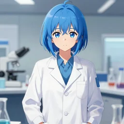 scientist girl in a lab coat, short blue hair, anime, pixiv, sharp, detailed, high quality, by greg rutkowski, artgerm