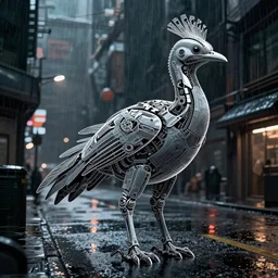 cybernetic cassowary!!, streets on a rainy night, non - humanoid, bird, cyberpunk, post - apocalyptic, realistic, highly detailed, inspired by blade runner, masterpiece, dark, grim, trending on artstation, award winning, lineart, digital art, illustration