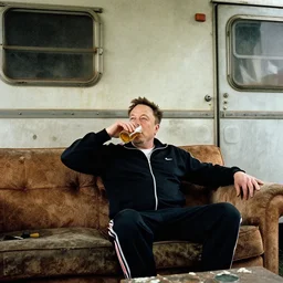 full distant shot of bald elon musk in a tracksuit drinking beer in the couch in a dirty trailer, by ken loach