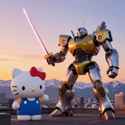 giant human shape robot fighting with a laser sword a giant hello kitty mecha inside tokio, sunset, snow mountains in the background