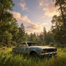 godrays, beautiful, art greg rutkowski, high detail, grass, detailed, by jordan grimmer, warm lighting, vivid, an abandoned old car in the woods, trending on artstation, volumetric, low angle, cinematic view, epic sky, concept art, huge scene