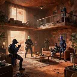 alien police raiding an apartment in Mars, digital art, octane render, unreal engine 5, trending on artstation, highly detailed, 8k UHD, artgerm