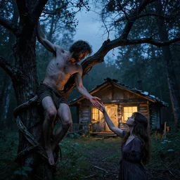 photograph portrait of the creation of adam, a twisted tree's branches strangle a man and a woman reaching toward each other in front of a glowing rundown log cabin at night, closeup, overcast skies, dark blue tones, in a deep dark forest, nightmare, sigma 8 5 mm f / 1. 4, 1 5 mm, raw, 4 k, high resolution