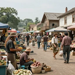 a small town market of neanderthals, everyone is busy trading and having fun