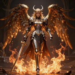 complex 3 d render hyper detailed ultra sharp of a beautiful ornate valkyrie angel of death gorgeous, d & d, medieval dark fantasy, battle armor, fiery aura, dynamic, octane render, 8 k, hd, art by takeshi obata & satoshi kon & artgerm & billelis & wlop
