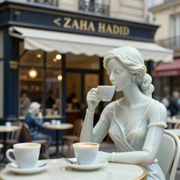 “ beautiful hyperrealism three point perspective film still of woman having coffee at paris cafe scene in < zaha hadid > ( 1 9 5 3 ) extreme closeup in style of 1 9 9 0 s frontiers in translucent porcelain miniature architecctural photography dezeen edition, pointe posed porcelain model, tilt shift style scene background, soft lighting, kodak portra 4 0 0, cinematic style, telephoto by emmanuel lubezki ”