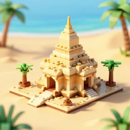 matte 3 d low poly scene of a desert temple, lat lighting, isometric perspective on tropical beach background, soft shadows, 3 d render, lego builders journey, raytracing,