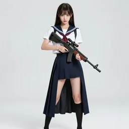 movie, full body, cute, female, a pretty alluring girl wearing a school uniform and holding a sniper rifle, symmetry face, photoreal, realistic shaded lighting poster by ilya kuvshinov, katsuhiro otomo, kidmo!!!, trending on artstation, magali villeneuve, artgerm, jeremy lipkin and michael garmash