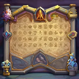 a hindu wall with symbols, in concept art of main menu loading screen background. for russian mmorpg by katauri, artstation, behance, style of hearthstone