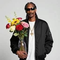 cyperpunk Snoop Dogg holding a Vase of flowers for a 1990s sitcom tv show, Studio Photograph, portrait, C 12.0