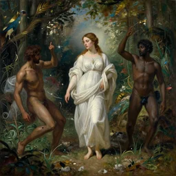 a messy greek painting of bathsheba and black adonis in the garden of eden, artstation, dynamic lighting by delphin enjolras, cinematic