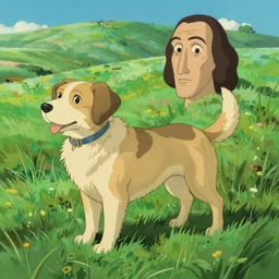 dog on green landscape by salvador dali, studio ghibli and gediminas pranckevicius