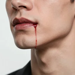 “bottom half of face portrait shot of blood dripping down a male vampire’s mouth chin and neck, as painted by leyendecker”