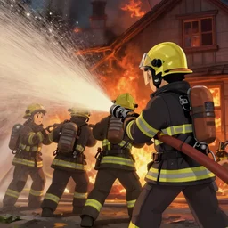 animation key shot, firefighter working as a team putting out a house fire with water hoses, close up shot, studio Ghibli, Pixar and Disney animation, sharp, Rendered Unreal Engine 5, film key art, Greg Rutkowski, Bloom, dramatic lighting