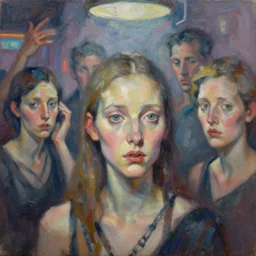 highly detailed expressionist oil painting of cyberpunk bar full of people, detailed faces, expressive, impasto, pastel shades, rough canvas textured, dynamic pose, top lighting, loose brush strokes, perfect face, hyper detailed face, digital painting, artstation, concept art, hyper detailed eyes, art by sam spratt and peter mohrbacher and james jean