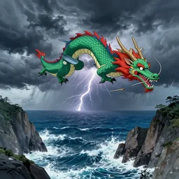 Japanese poster of a dragon flying over a stormy sea during a thunderstorm, cliffs, clouds, thunder adobe illustrator, blue colour scheme, 4k, abstract design,