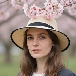 a candid portrait of a european female wearing a hat with sakura on top, naturel, digital art